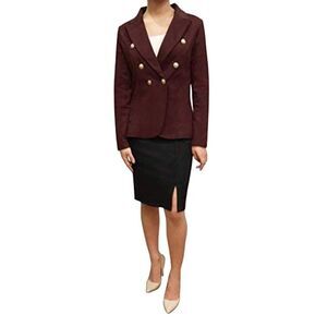 Women Casual Work Office Blazer Jacket Gold Button onThe Sleeves (XXL, Burgendy)